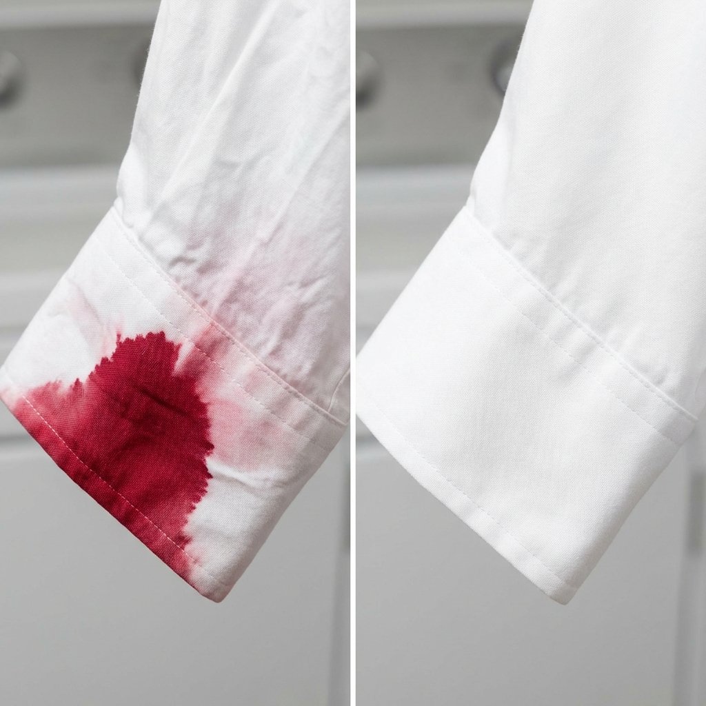 A split image or juxtaposition. On one side, a close-up professional photo of a crisp white cotton shirt with a prominent, vivid red dye bleed stain spreading from a small, subtle corner, hinting at a mixed laundry incident. The stain appears stubborn and vibrant against the white fabric. On the other side, the exact same section of the shirt is shown perfectly clean, flawlessly bright white, and wrinkle-free, conveying successful stain removal. The overall aesthetic is clean, bright, and highly detailed, emphasizing the stark contrast between the stained and pristine states.