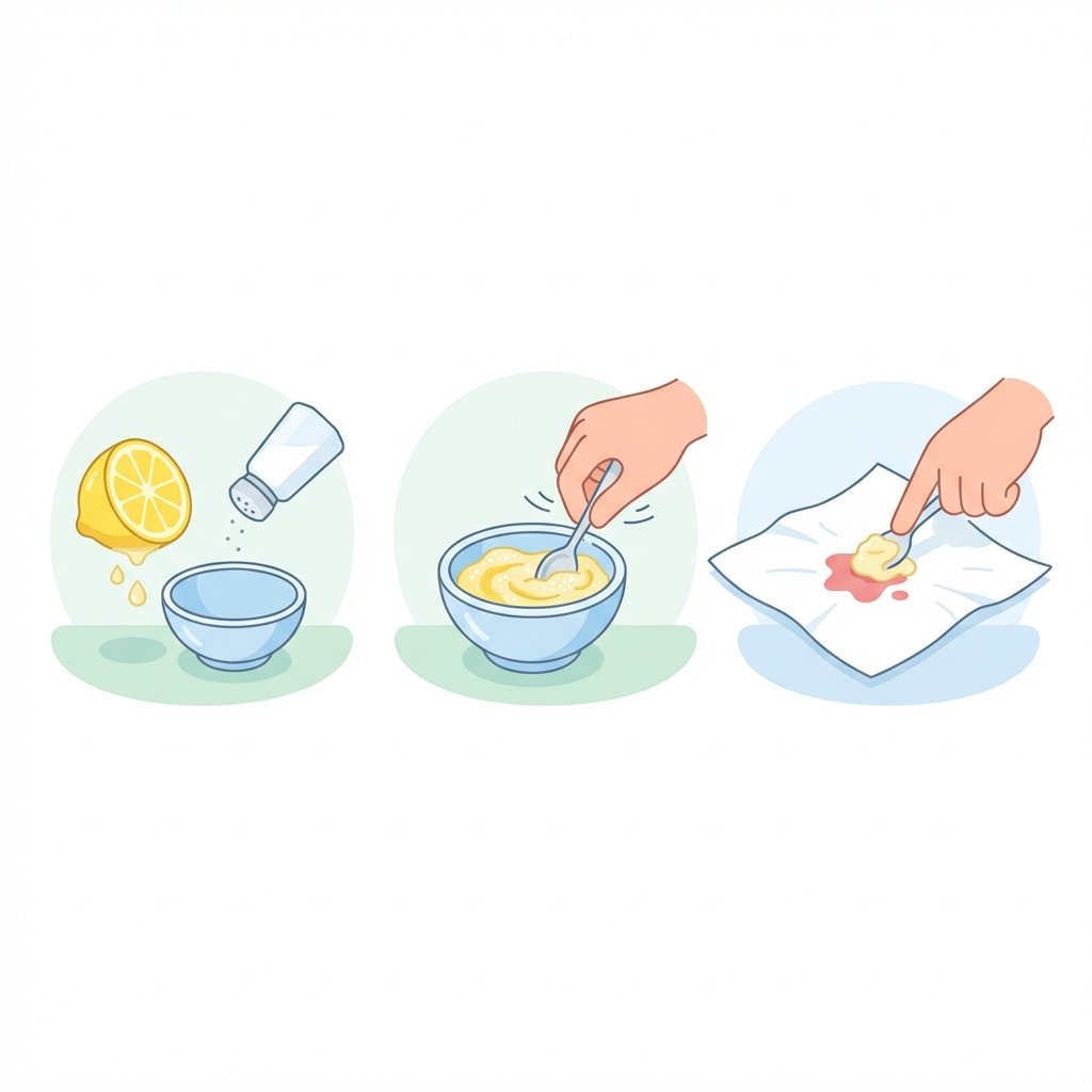 A minimalist, clean flat illustration depicting the process of using lemon juice and salt to remove a stain. The first panel shows a cut lemon and a salt shaker near a small bowl. The second panel shows a hand mixing the lemon juice and salt into a thick paste within the bowl. The third panel illustrates a hand gently dabbing or spreading the prepared paste directly onto a small, faded red stain on a piece of white fabric, which is spread out flat. The overall color palette is fresh and bright, with distinct, clear shapes and a focus on the action sequence.