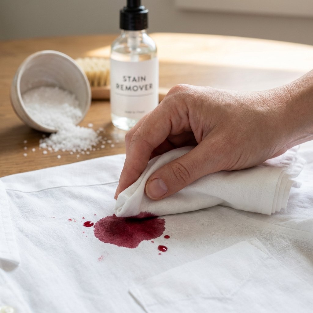 A close-up, professional photo of a fresh red wine stain on a pristine white tablecloth or shirt. A hand, gently dabbing the visible red blotch with a clean, folded white cloth. In the softly blurred background, a small, overturned bowl of white salt and a subtle bottle of cleaning solution are visible, hinting at the cleaning process. The image should capture the immediate action of stain removal, emphasizing the contrast between the vibrant red stain and the clean fabric, suggesting a hopeful outcome. Realistic lighting and sharp focus on the immediate action.
