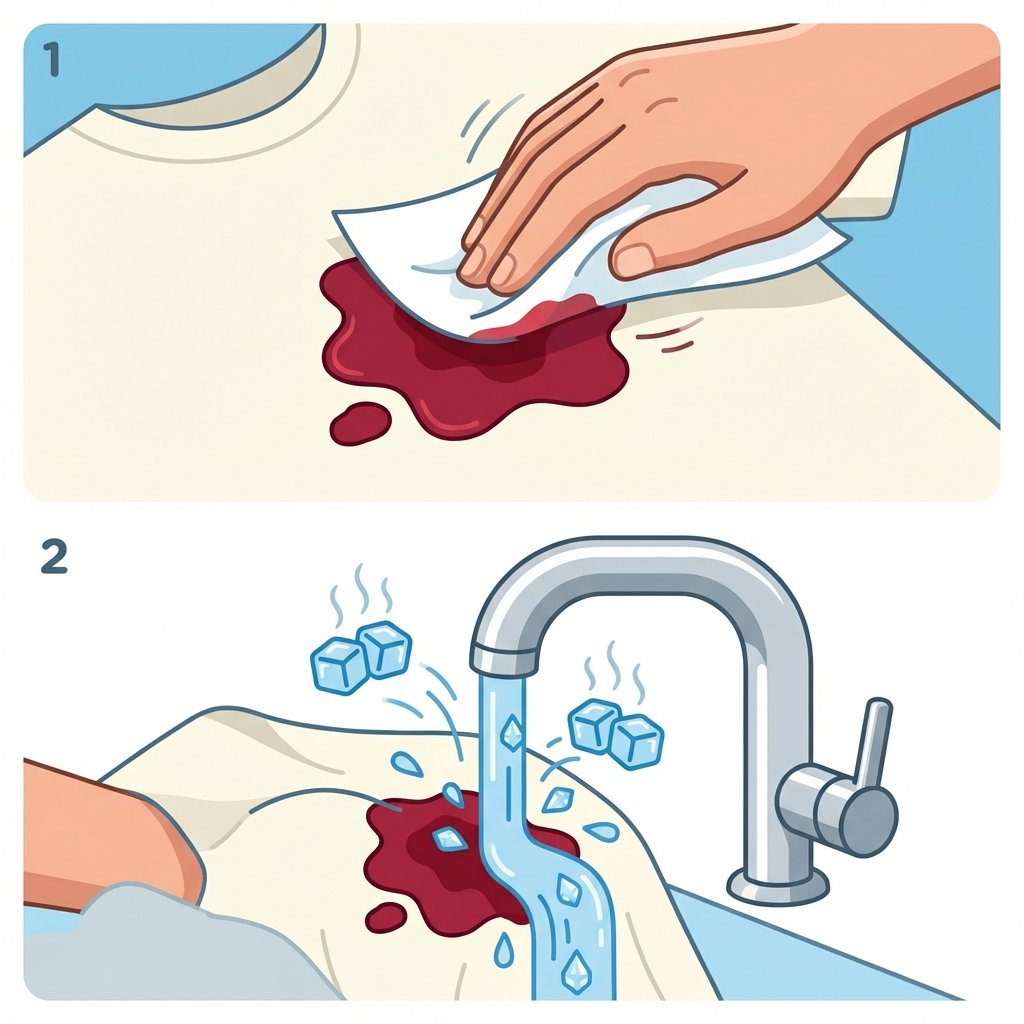 A clear, multi-panel flat illustration depicting the immediate steps to address a beetroot stain. Panel 1 shows a hand gently dabbing a fresh red stain on a light-colored textile (e.g., a white shirt) with a clean white paper towel, moving from the outer edge inwards. Panel 2 illustrates cold water running over the stained fabric under a tap, clearly showing the cold water symbol (e.g., ice droplets or light blue color). The overall style should be clean, modern, and easily understandable, highlighting the urgency and correct initial actions.