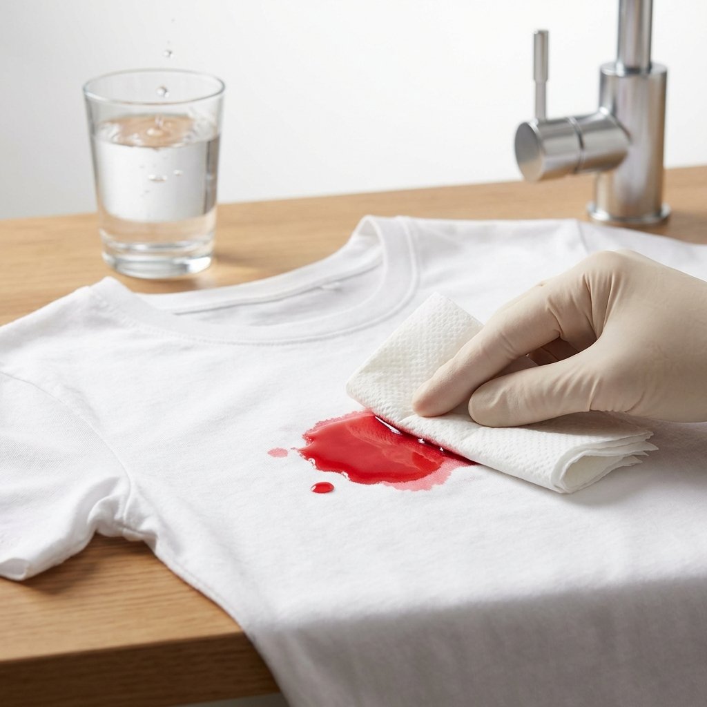 A professional, brightly lit studio photo. A vibrant, fresh red juice stain (e.g., from cherries or grapes) is clearly visible on a pristine white cotton t-shirt. A clean, careful hand is gently dabbing the stain with a folded white paper towel, moving from the outer edge inwards to prevent spreading. In the soft background, a gentle stream of cold water hints at the next step in the removal process. The image should emphasize the contrast between the vivid red stain and the clean surrounding fabric and tools, conveying a sense of immediate, precise action.