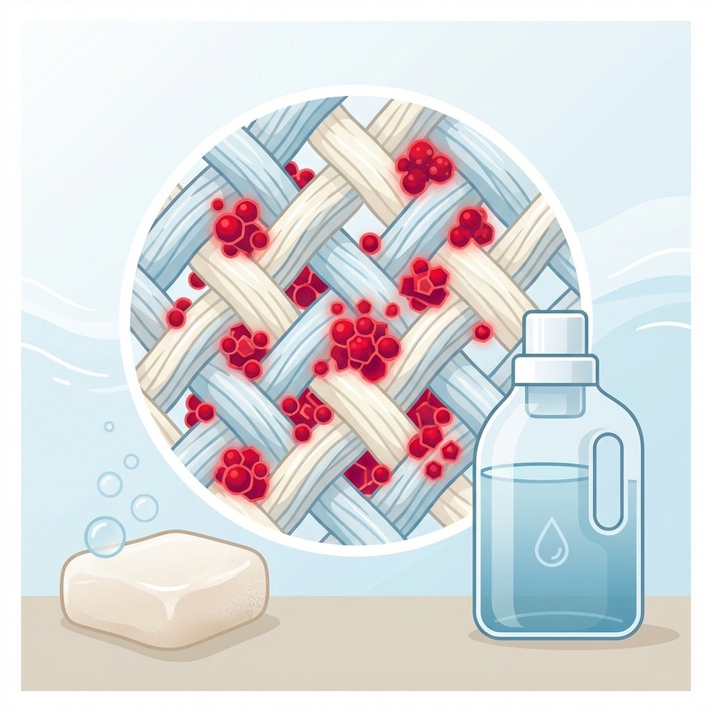 A detailed flat illustration with a clean, infographic feel. The central element is a magnified, abstract representation of fabric fibers. Small, intensely red pigment molecules are depicted tightly clinging to and embedded within these fibers, illustrating their stubborn nature. In the foreground, common household cleaning items are artfully arranged: a smooth bar of light-colored gall soap and a modern bottle of liquid laundry detergent. The overall scene should subtly convey both the challenge of the stain and the tools available for its removal, without any branding.