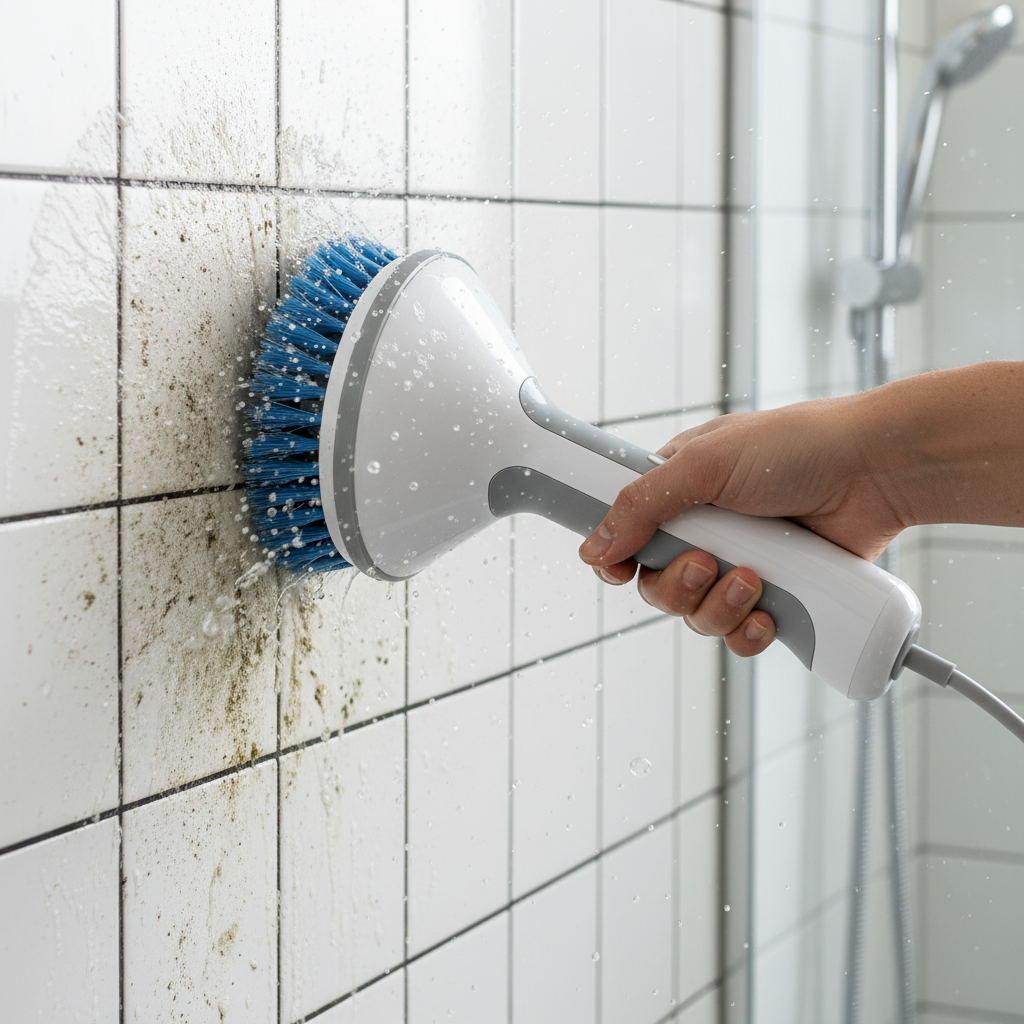 A professional lifestyle photo of a modern, cordless rotating cleaning brush with a blue medium-bristle brush head actively scrubbing visible grime and mildew from white bathroom tiles and dark grout lines. On one side, the dirt is evident, while the path where the brush has moved shows sparkling clean surfaces. Dynamic water splashes and foam suggest intense cleaning. A diverse hand is holding the ergonomic handle, emphasizing ease of use. Bright, clean lighting highlights the contrast between dirty and clean areas.