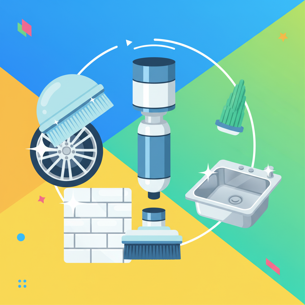 A detailed flat illustration showcasing the versatility of a rotating cleaning brush. The central element is a sleek, disassemblable main body of the brush. Surrounding it are three distinct, interchangeable brush heads: a large, soft-bristle dome brush; a smaller, firm-bristle grout brush; and a conical detail brush. Each brush head is subtly linked to an abstract visual cue representing its use, such as a sparkling clean car wheel, a pristine bathroom tile, and a gleaming kitchen sink surface. The background is clean and minimalist, using a vibrant color palette.
