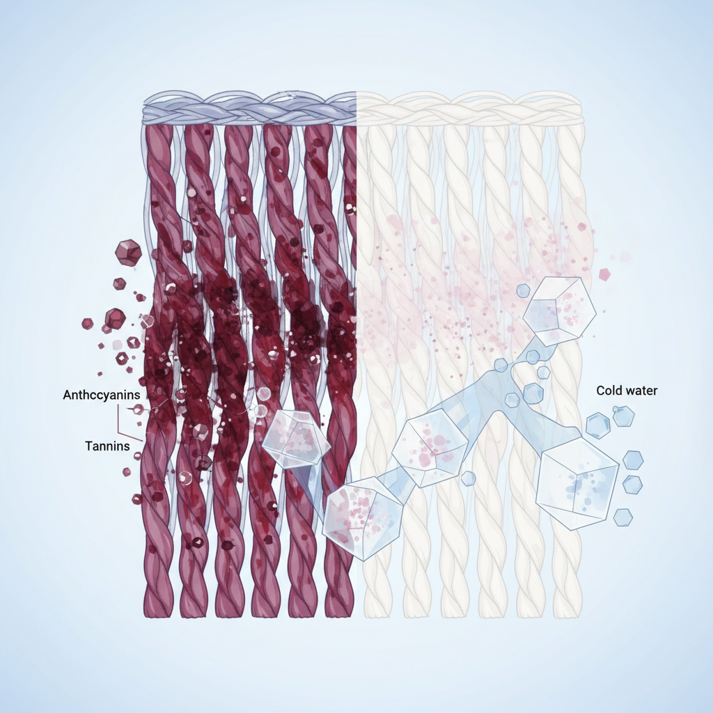 A conceptual infographic-style illustration depicting a magnified cross-section of textile fibers. On the left side, vibrant red wine pigments are shown deeply interwoven and bonded within the individual fabric strands, illustrating their stubbornness due to anthocyanins and tannins. On the right side, the same fibers appear cleaner, with the red pigments either fading, being lifted away, or enveloped by abstract representations of salt crystals or cold water molecules. The visual contrasts the embedded stain with its gradual removal, highlighting the mechanism of stain penetration and extraction. Style: Informative, clean infographic style illustration with a touch of scientific aesthetic.