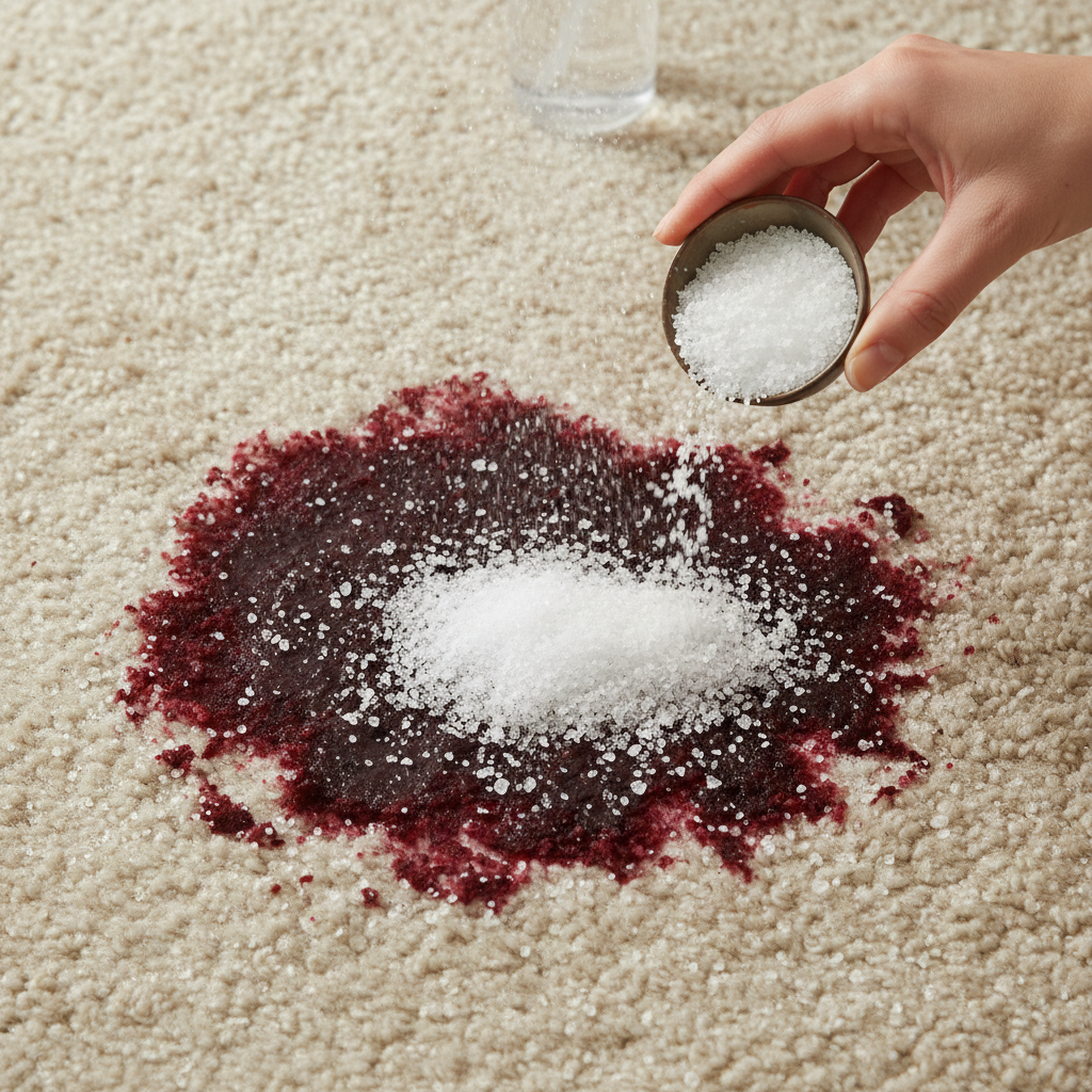A close-up, top-down view of a plush, light-colored carpet with a prominent, dried red wine stain. The stain should appear dark and stubbornly integrated into the fibers. Next to the stain, a hand is gently sprinkling fine white salt crystals over the affected area, with some already covering parts of the stain. In the background, a subtle misty spray from a bottle indicates the application of sparkling water, creating a light sheen on the salt. The overall style should be a bright, realistic professional photo, emphasizing the texture of the carpet and the process of applying the cleaning agent.