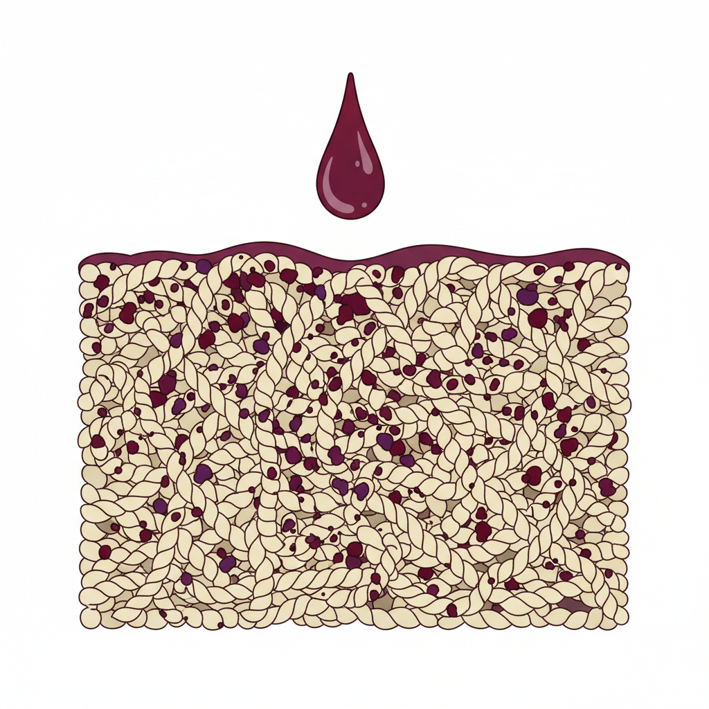 A conceptual, cutaway flat illustration depicting the microscopic interaction of red wine with carpet fibers. Show a magnified, cross-section view of several intertwined, light-colored carpet fibers. Deeply embedded within these fibers are small, abstract red and purple pigment particles, representing tannins and color pigments, illustrating their deep penetration. A stylized drop of red liquid is shown actively descending into the fibers from above, symbolizing how the wine initially seeps in. The illustration should use clean lines and a limited, vivid color palette to clearly convey the stubbornness of the stain at a fiber level.