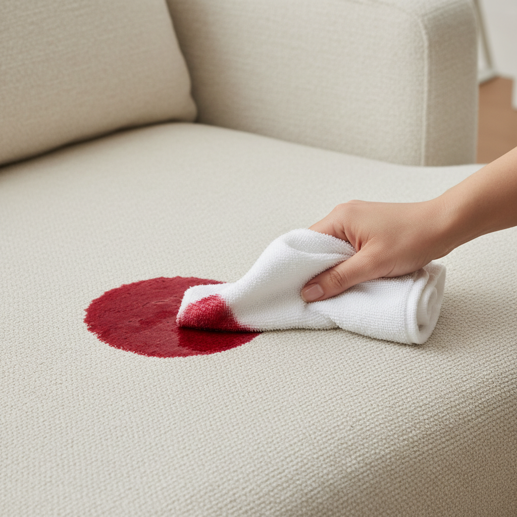 A professional, well-lit photo capturing a close-up scene on a modern, light-colored fabric sofa. A fresh, circular red wine stain is visible on the upholstery. A human hand, holding a clean, white absorbent cloth, is gently dabbing the stain, illustrating the 'do not rub' technique. The cloth shows visible red wine absorption on its surface. The overall atmosphere is clean and practical, focusing on the immediate stain removal action.