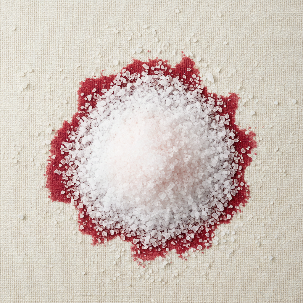 A detailed, high-resolution studio photo with a top-down perspective, showcasing a specific step in red wine stain removal. A section of a textured fabric sofa, featuring a prominent red wine stain, is generously covered with coarse white table salt. The salt directly over the stain exhibits a slight pinkish tint, indicating that it is absorbing the liquid. The lighting emphasizes the crystalline texture of the salt and the fabric of the sofa.