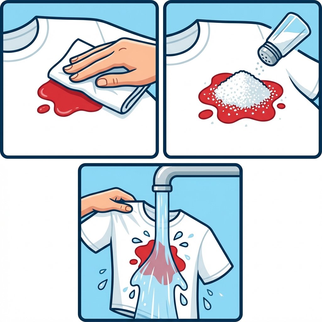 A series of three distinct, infographic-style panels demonstrating immediate actions for a fresh red wine stain on a white T-shirt. The first panel shows a hand gently dabbing a vibrant red stain with a white paper towel. The second panel depicts the same stain, now generously covered with white salt granules. The third panel illustrates the T-shirt being held under a stream of cold water from a tap, with water flowing through the fabric from the back of the stain. The focus is on the actions and materials, with clean lines and bright colors, suitable for a helpful guide.