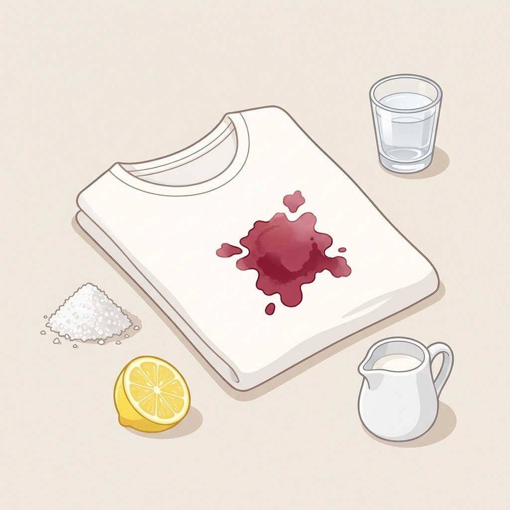 A visually appealing flat lay illustration centered around a white T-shirt with a distinct red wine stain on it. Surrounding the T-shirt are various common household items associated with stain removal: a small pile of white salt, a sliced lemon half, a small glass filled with clear liquid (representing white wine or mineral water), and a small, stylized milk pitcher. The items are arranged aesthetically on a neutral background, suggesting a collection of effective remedies. The style is bright, clean, and modern, using soft shadows for depth, perfect for a blog article.