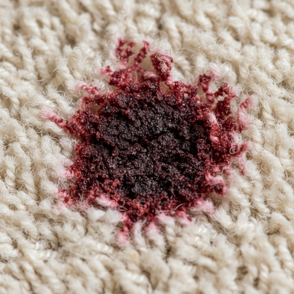 A detailed, high-resolution macro photograph focusing on a stubborn, dried red wine stain deeply embedded within a light-colored, plush carpet. The wine stain appears dark red, slightly crusty, and unevenly spread, clearly showing its adherence to the individual carpet fibers. The surrounding fibers should look slightly matted or discolored, emphasizing the challenge of an old, set-in stain. The focus is purely on the visual texture and depth of the dried stain on the fabric, conveying its persistent nature.