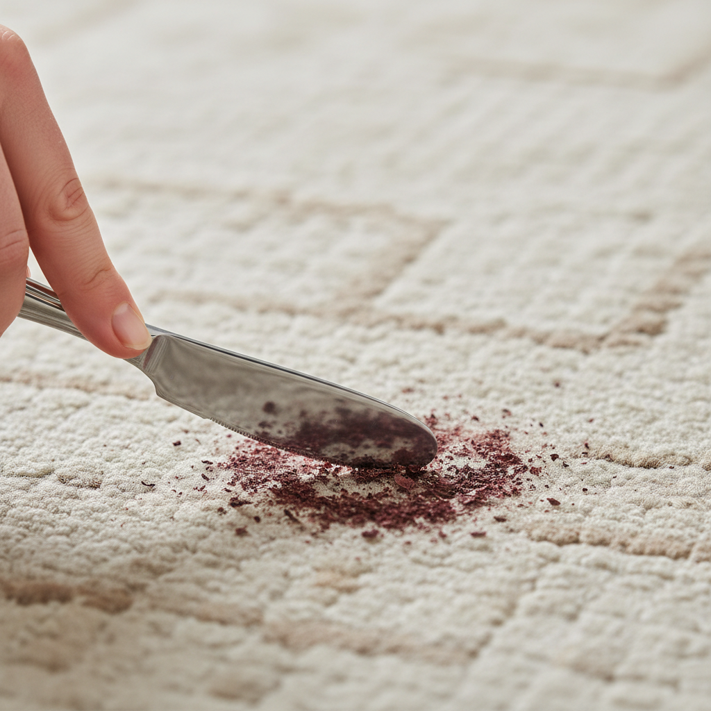 A professional, close-up photograph with a shallow depth of field, showing a person's hand carefully using the edge of a blunt spoon or butter knife to gently scrape away loose, dried particles from a crusty red wine stain on a light-colored, textured carpet. The focus should be on the meticulous action, with small flakes of dried wine visibly separating from the carpet fibers. The overall impression is one of careful preparation and a methodical approach to tackling a stubborn stain.