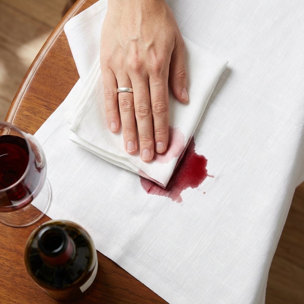 A top-down, professional photo showing a hand gently dabbing a fresh red wine stain on a pristine white linen tablecloth with a clean, folded white cloth or paper towel. The hand is applying light pressure, clearly demonstrating the blotting action, not rubbing. The red wine stain should be a vibrant, realistic shade, contrasting sharply with the clean tablecloth. The background should be subtly blurred to keep focus on the action and the stain, emphasizing the urgency and effectiveness of immediate intervention.