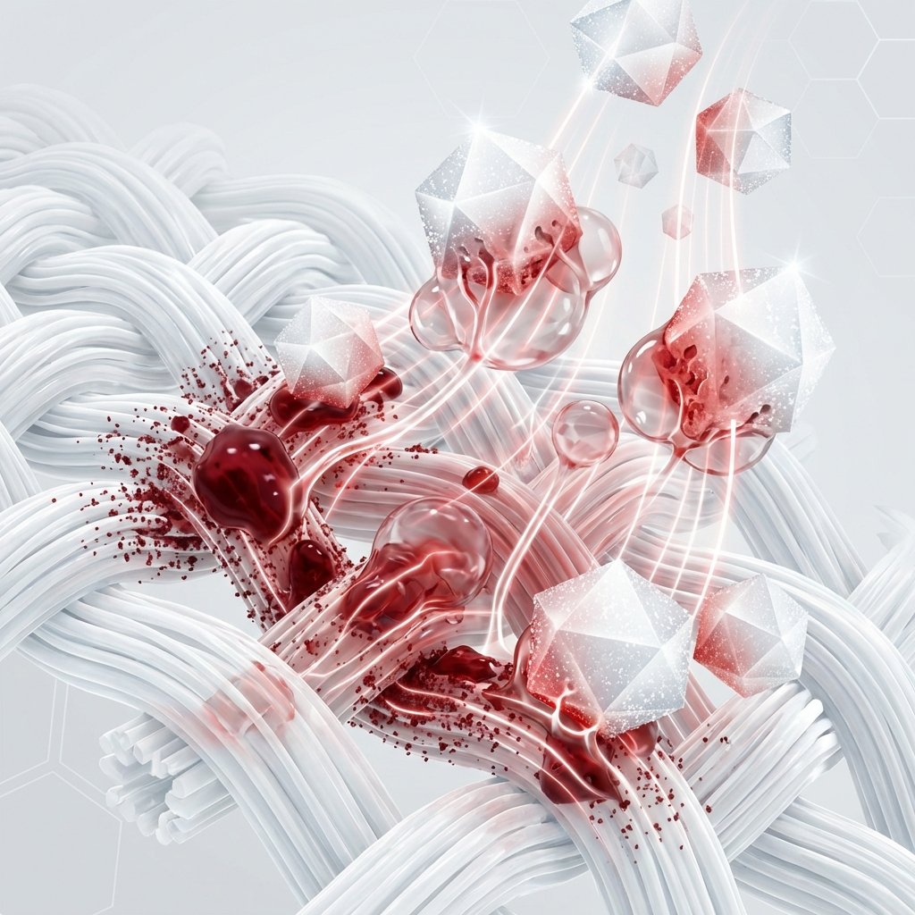 A detailed infographic-style illustration depicting a magnified, cross-sectional view of white fabric fibers, with deep red wine stain particles visibly embedded within and around them. Overlaid on this, generous, sparkling white salt crystals are shown actively absorbing or drawing the red particles out from the fabric strands. The visual should clearly convey the mechanism of salt binding to the liquid and lifting the stain, using a clean, modern aesthetic with precise, almost scientific detail, highlighting the cleaning process.