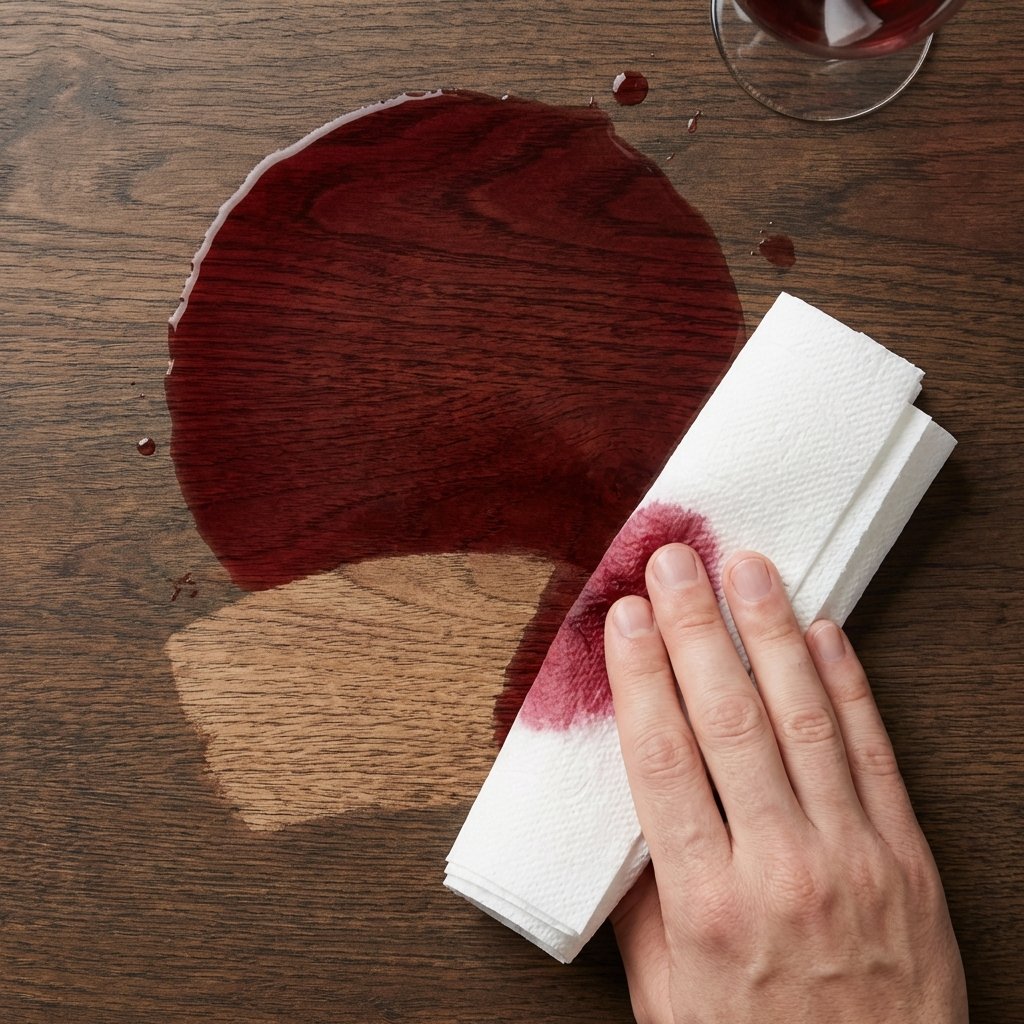 A professional flat lay illustration depicting a dark wooden surface with a fresh, circular red wine spill. One section of the spill is actively being blotted by a white, absorbent paper towel held by a visible hand, showing the liquid visibly soaking into the towel. Adjacent to this, a small, lighter patch on the wood hints at the area being successfully cleaned, contrasting with the remaining wet red stain. The scene conveys immediate action and effectiveness. Soft, natural lighting.