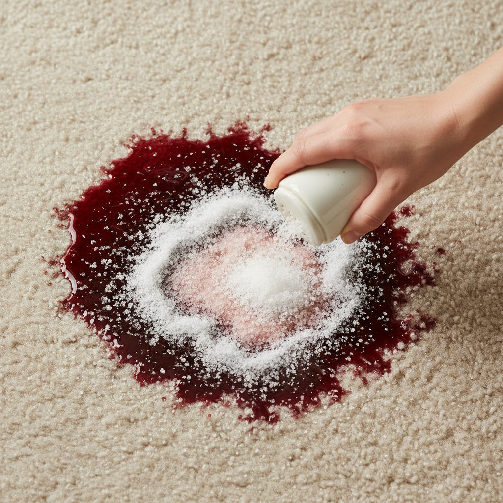 A close-up, high-angle professional photo shows a vibrant red wine stain on a light beige, plush carpet. A clean, careful hand is gently sprinkling a generous layer of white salt directly onto the wet stain. The salt should immediately begin to absorb the deep red liquid, visibly turning a pale pink as it soaks up the wine. The carpet fibers around the stain should be slightly wet, emphasizing the fresh nature of the spill. The overall mood is clean and practical, with natural lighting.