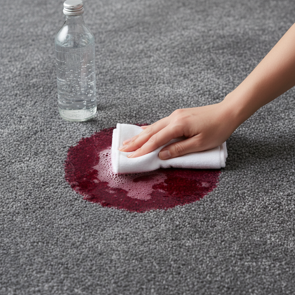A high-angle professional photo captures a dynamic moment of stain removal on a medium-pile, subtly textured grey carpet. A fresh, vivid red wine spill is clearly visible. A hand, holding a pristine white microfibre cloth or stack of paper towels, is carefully dabbing the outer edge of the stain, demonstrating a gentle blotting motion. A bottle of sparkling mineral water stands nearby, implying its use. The image conveys immediate, effective action, with sharp focus on the stain and cloth.