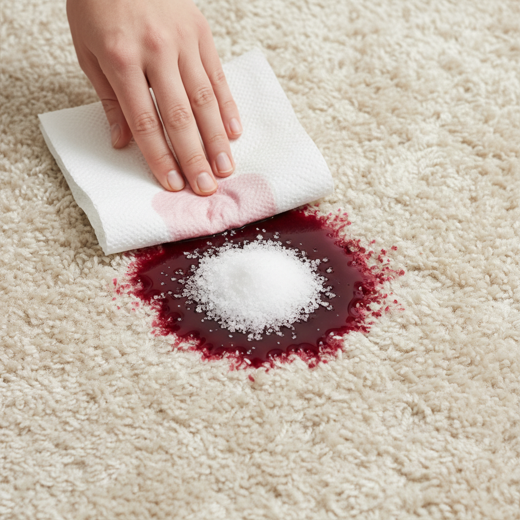A vibrant, close-up shot capturing a fresh red wine spill on a plush, light-colored carpet. A hand, reaching into the frame from the top, is gently dabbing the liquid with a pristine white paper towel, illustrating the immediate blotting action. The paper towel shows a visible absorption of the red wine, turning slightly pink. In the foreground, a small mound of white salt is visibly spread over a portion of the damp stain, symbolizing the salt treatment process. The overall scene conveys urgency and effective first aid for spills. Professional, bright studio photography style with crisp details and a shallow depth of field.