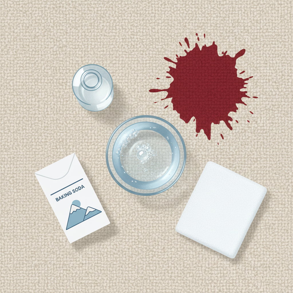 A clean, bright flat lay illustration showcasing various common household items used for stain removal. In the center, a small glass bowl contains a frothy, transparent liquid, representing a mixture of mineral water and a drop of clear dish soap, with a few bubbles clearly visible. Around it, other elements like a small bottle of white vinegar, a box of baking soda, and a clean white microfibre cloth are neatly arranged. A small, stylized red wine stain is subtly visible on a textured background that resembles carpet fibers, indicating the purpose of these items. The style is modern, minimalist, and infographic-like, emphasizing clarity and organization.