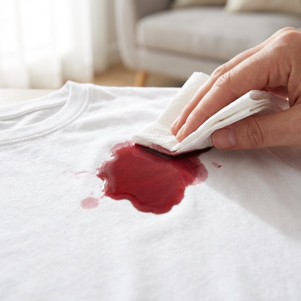A close-up, professional photo showing a fresh, vibrant red wine stain spreading on a pristine white cotton t-shirt. A person's hand, entering the frame from the side, is gently pressing a clean, folded white paper towel onto the edge of the stain, carefully dabbing to absorb the liquid. The background is softly blurred, emphasizing the t-shirt and the careful action. The lighting is bright and natural, highlighting the contrast between the deep red wine and the crisp white fabric. The scene conveys urgency and a delicate immediate response to the spill.