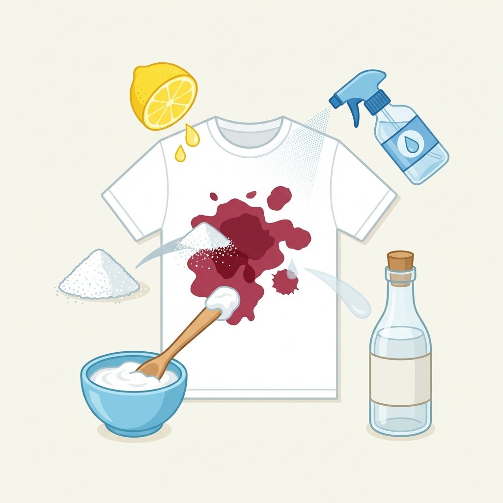 A vibrant, clean flat illustration depicting a simplified white t-shirt with a visible, dried red wine stain at its center. Around the t-shirt, various common household remedies are neatly arranged or shown in the process of application: a small pile of white salt covering part of the stain, a bowl with a baking soda and water paste on another section, and a bottle of white vinegar positioned nearby. A lemon half and a small spray bottle of mineral water could also be subtly incorporated. The overall composition is clear and instructive, using a bright, clean color palette against a simple background.