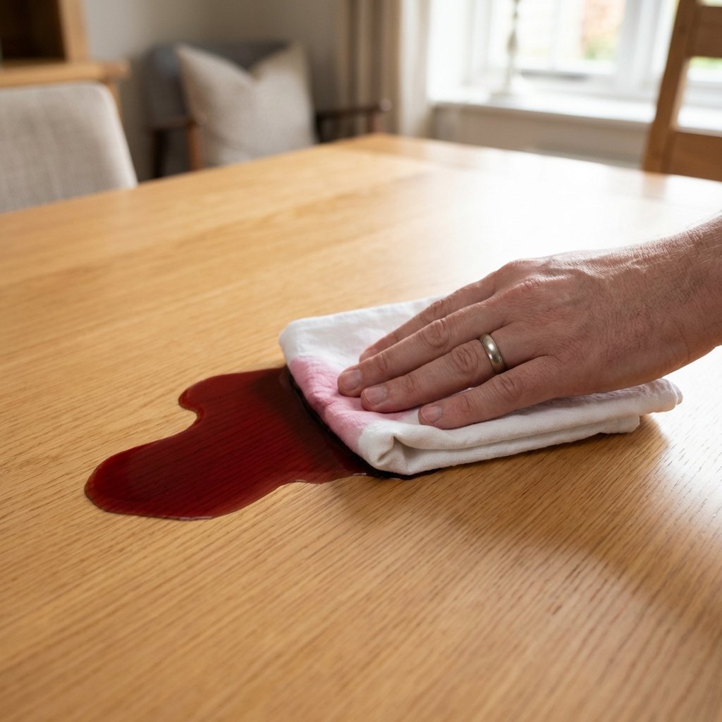 A realistic, high-angle professional photo illustrating immediate action on a red wine spill on a polished light oak wooden table. A dark red wine puddle is visible on the surface. A human hand, wearing a simple wedding band, is gently pressing a clean, folded white cloth onto the edge of the spill, demonstrating the dabbing technique without rubbing. The focus is on the absorption process, highlighting the urgency and precision. The background is slightly blurred, suggesting a cozy dining room or living room setting with natural light.