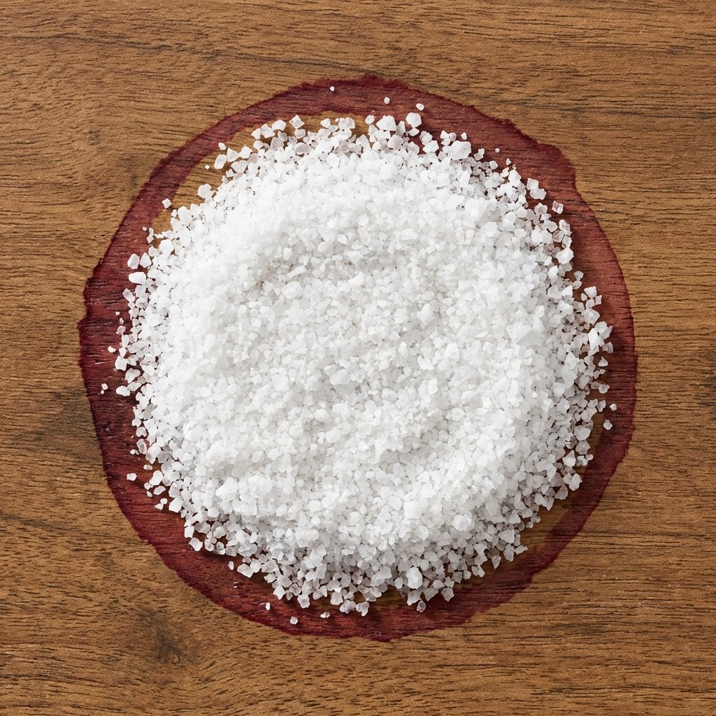 A close-up, top-down professional photo showcasing the 'salt method' for red wine stain removal on a medium-toned wooden surface. A noticeable, dried red wine stain is visible, and it is entirely covered with a thick, even layer of white coarse salt. The texture of the wood grain is visible beneath the salt in areas where the stain is less intense. The lighting is bright and even, emphasizing the contrast between the white salt, red stain, and wood. The overall aesthetic is clean, instructional, and hopeful, implying the stain is being treated effectively.