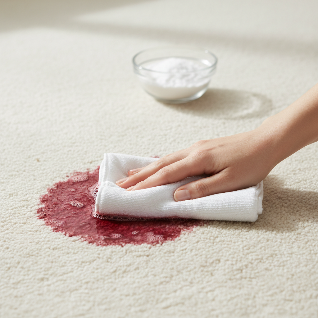 A close-up, professional photo showing a fresh, vibrant red wine spill on a light-beige carpet. A person's hand, entering from the side, is gently pressing a clean, white absorbent cloth onto the liquid stain, demonstrating the blotting technique. In the background, slightly out of focus, a small container of white salt or baking powder sits ready, hinting at the next step. Soft, natural lighting illuminates the scene, emphasizing the texture of the carpet and the liquid.