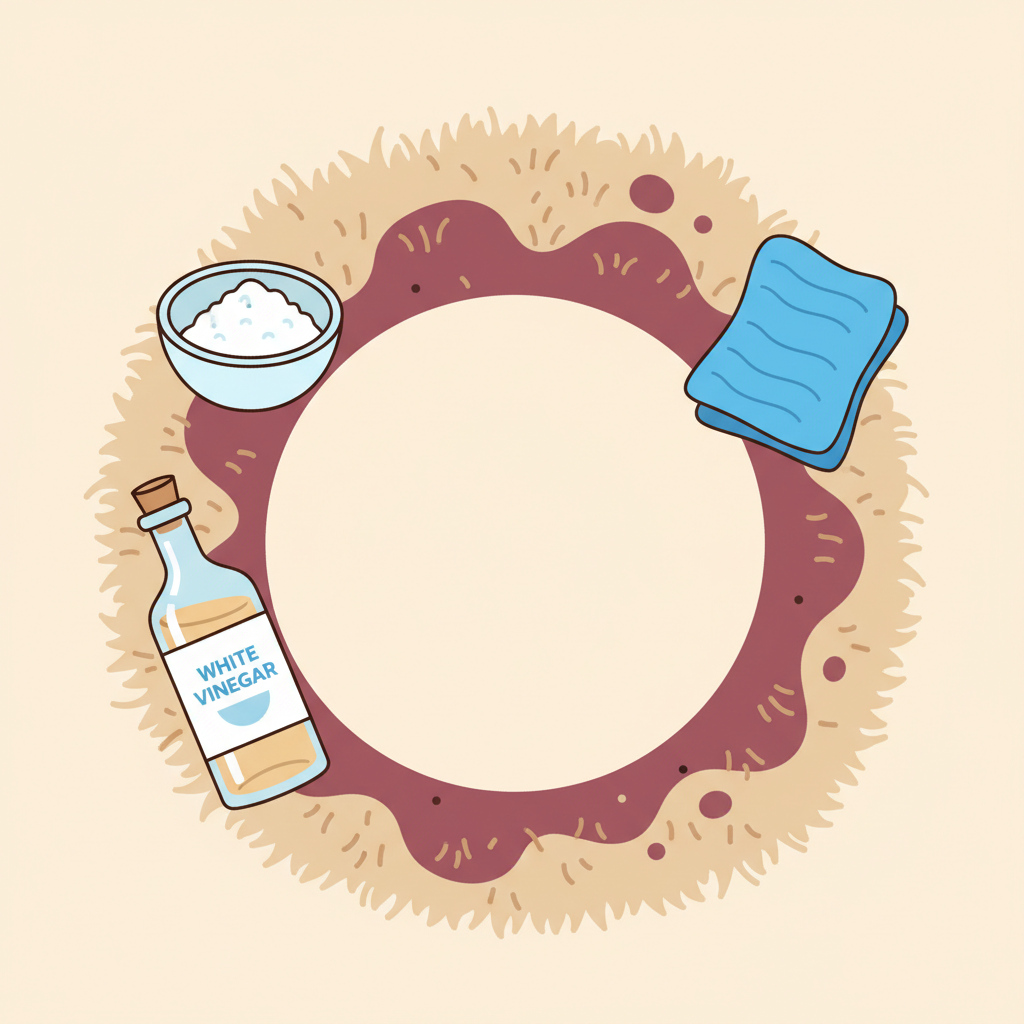A vibrant flat illustration depicting a successful red wine stain removal from a plush, light-colored carpet. The carpet has a small, perfectly clean circular area where a stain used to be. Surrounding this clean spot, various household remedies are neatly arranged: a small bowl of baking soda paste, a bottle of white vinegar, and a clean, folded microfiber cloth. The style is clean, modern, and visually reassuring, emphasizing the effectiveness of simple solutions.