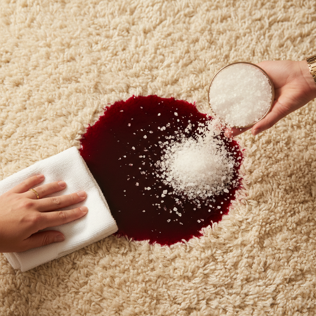 A close-up, top-down view of a plush, light-colored carpet with a vibrant red wine stain. A hand holding a clean, white, absorbent cloth is gently dabbing the edge of the fresh stain, careful not to rub. Next to it, another hand is generously sprinkling coarse white salt directly over the entire stained area. The scene should emphasize quick, decisive action and the initial steps of stain removal. The overall style should be a professional, well-lit photo with a slightly warm filter, capturing the urgency and potential effectiveness.