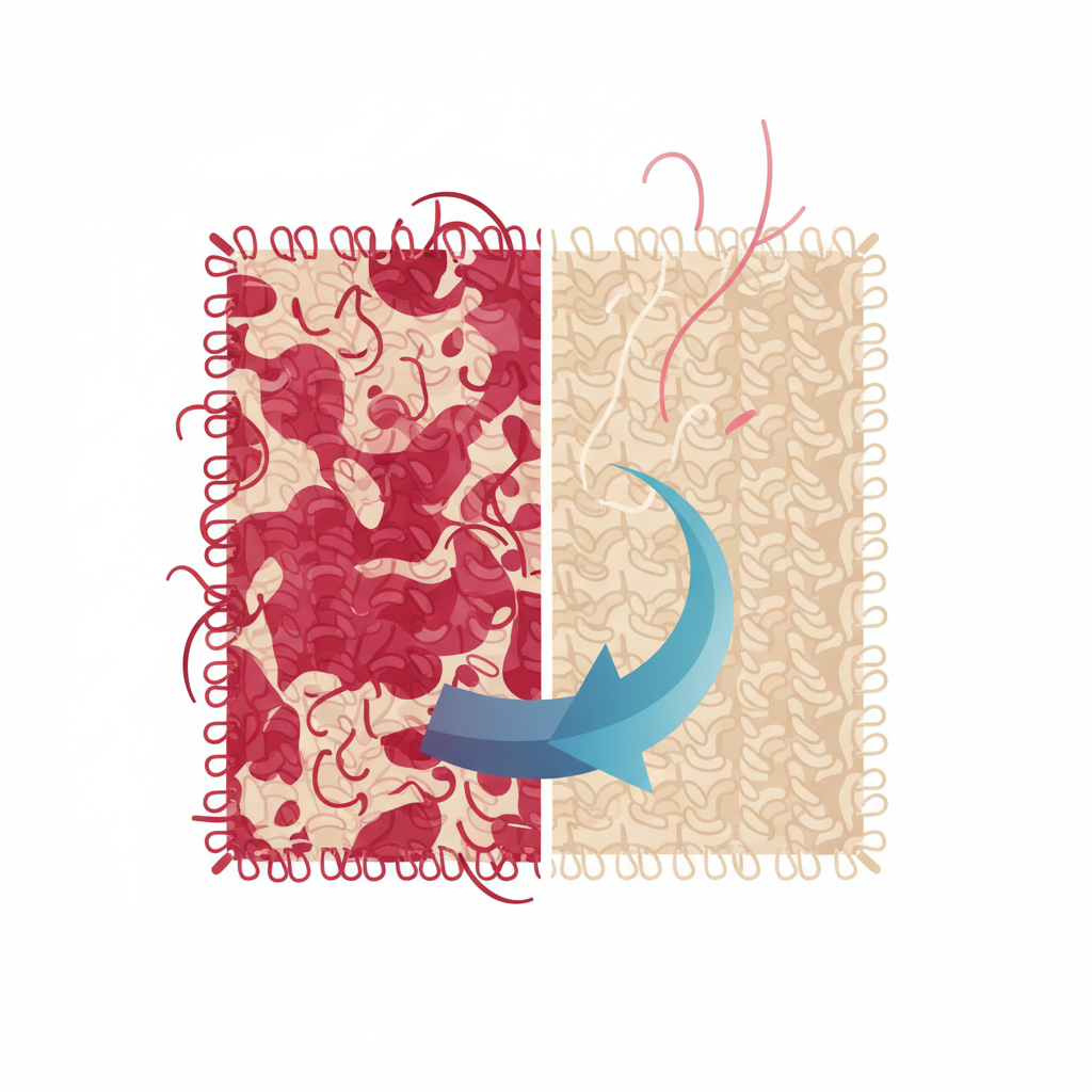 A conceptual, infographic-style illustration depicting the transformation of a stained carpet section. On one side, a small patch of light-colored carpet fibers is visually permeated by swirling red pigment particles, representing a deeply set red wine stain. On the other side, the same carpet patch appears pristine and clean, with the red particles visibly lifting away or having completely vanished, leaving the fibers spotless. A subtle arrow or visual flow indicates the removal process. The illustration should use clean lines and a clear, modern aesthetic to convey the problem and its successful resolution.