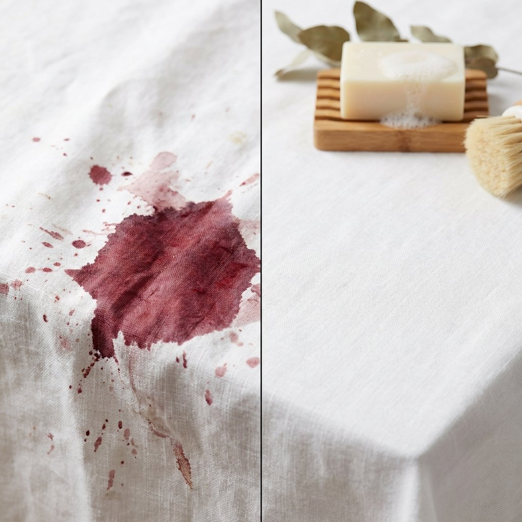 A split-screen or juxtaposed image showing the 'before' and 'after' of a red wine stain on a white tablecloth. On one side, a prominent, deep red wine stain, appearing stubborn and messy on textured fabric. On the other side, the same area of fabric is visibly clean and pristine. In the background or foreground of the 'clean' side, a natural bar of gall soap is subtly visible, perhaps with a gentle foam or a slight residue of soap. The overall style should be a clean, bright, professional product photograph with a clear visual contrast emphasizing the soap's effectiveness.