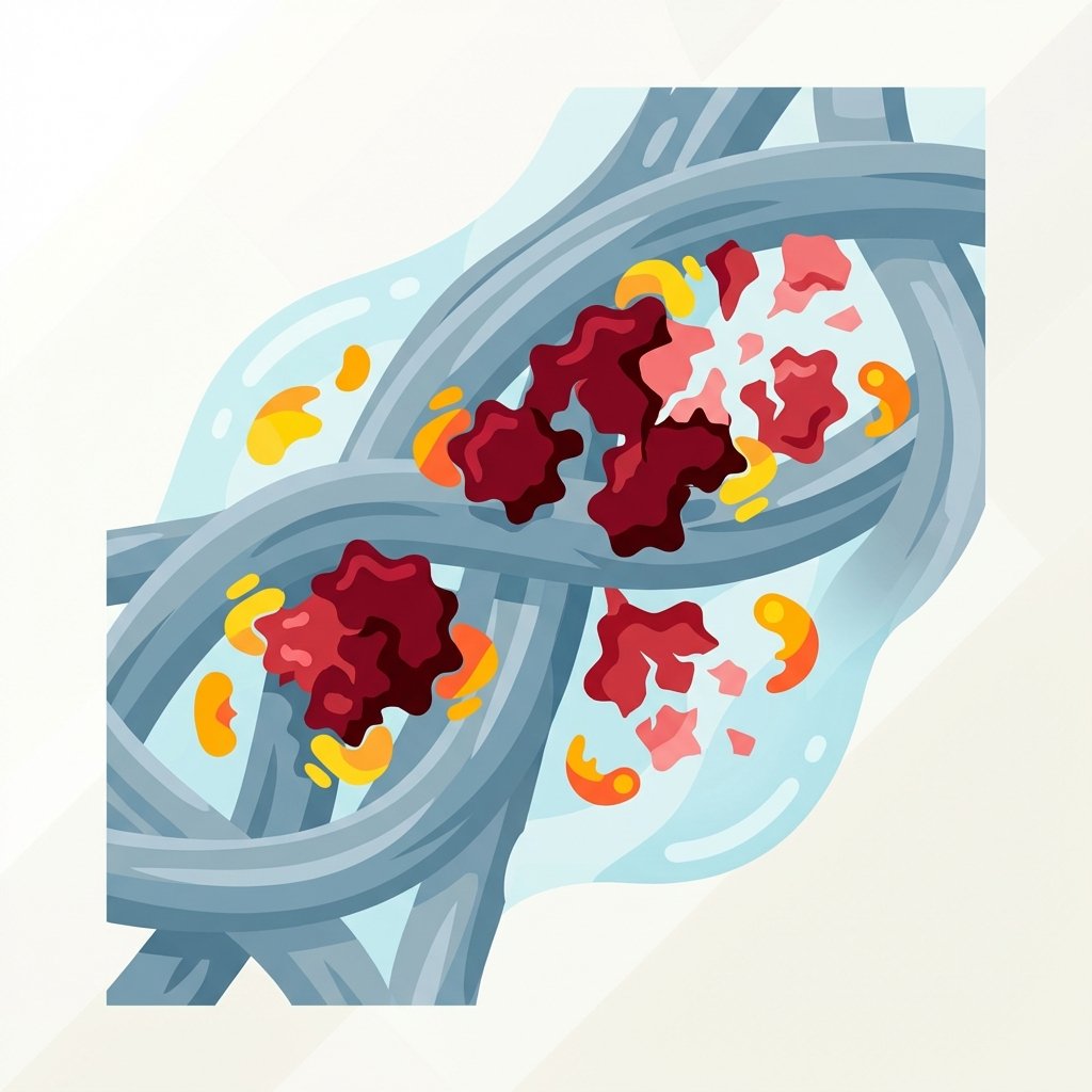 An abstract, micro-level illustration depicting the interaction between red wine stain molecules and gall soap enzymes on a fabric fiber. Show intricate red wine pigments (represented as complex, irregular red shapes) embedded within magnified fabric threads. Then, illustrate smaller, active gall soap enzyme molecules (perhaps as dynamic, breaking-down shapes) actively breaking apart and dissolving the red wine pigments, lifting them away from the fibers. The style should be a clean, modern flat illustration with a clear, scientific infographic feel, using a vibrant color palette to differentiate elements.