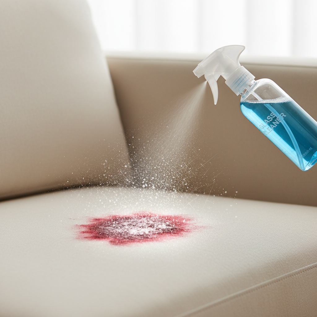 A close-up professional photo capturing the dramatic contrast of an unsightly, dark red, dried wine stain on a pristine, light-beige sofa upholstery. A sleek, transparent spray bottle, clearly identifiable as glass cleaner, is precisely aiming a fine mist towards the stubborn mark. A subtle, almost magical aura emanates from the point of contact, with tiny, effervescent bubbles or microscopic dissolving particles visually demonstrating the cleaning agents breaking down the stain, suggesting effectiveness and a fresh, clean outcome. The scene should convey hope and resolution in a well-lit, clean aesthetic.