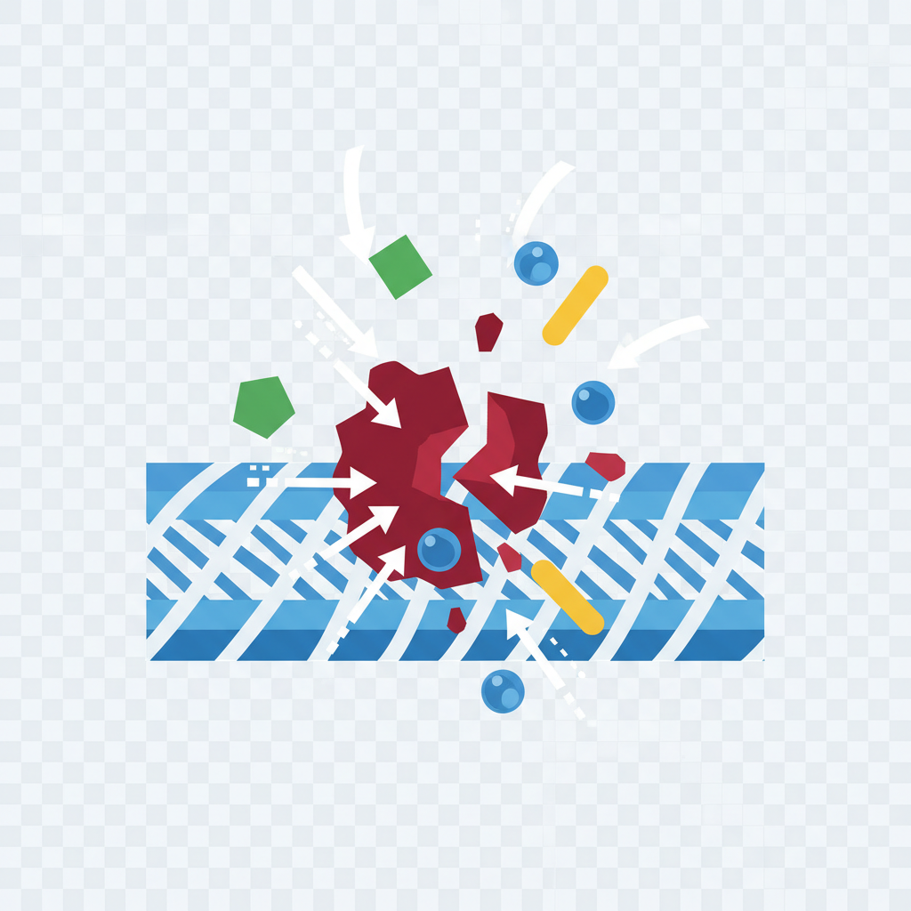 A clean, infographic-style flat illustration depicting the microscopic action of glass cleaner on a red wine stain. The foreground shows a simplified cross-section of fabric fibers or a surface, with a deep red, irregular pigment particle (representing dried wine) deeply embedded. Abstract, geometric shapes, distinct in color (e.g., green for solvent, blue for surfactant, yellow for alcohol), surround and penetrate the wine particle. Arrows and subtle motion lines should illustrate these components breaking down the red pigment, lifting it from the surface, creating a visual metaphor for the chemical process. The background is simple and uncluttered, emphasizing clarity and scientific explanation.