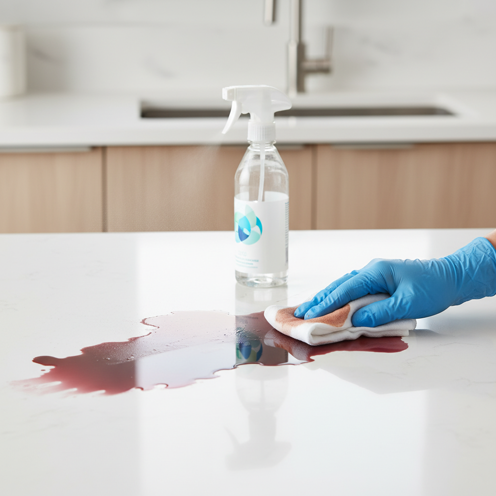 A professional product photography style image showcasing the effective removal of a dried red wine stain. On a sleek, light-colored kitchen counter or table, a prominent, dark red, dried wine stain is visibly diminishing as a hand, wearing a protective glove, gently wipes it away with a clean white cloth. A generic, recognizable spray bottle of glass cleaner is visible, having just been applied to the stain. The area behind the hand shows a pristine, clean surface, contrasting with the remaining stain. The overall impression should be clean, effective, and modern.