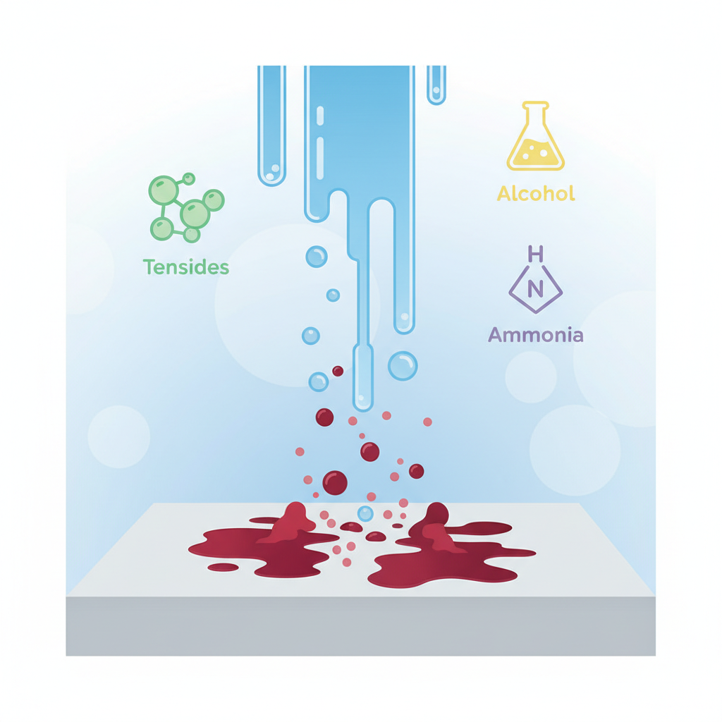 A vibrant, clean flat illustration or infographic-style image depicting the microscopic action of glass cleaner on a dried red wine stain. Show a simplified cross-section of a fabric fiber or a non-porous surface with embedded red wine pigment particles (represented as irregular red shapes). Above this, stylized blue liquid droplets representing glass cleaner are shown breaking down the red wine particles into smaller, more dispersible fragments. Small, abstract icons representing the chemical components like 'Tensides' (a bubble), 'Alcohol' (a beaker), and 'Ammonia' (a simplified chemical structure) are subtly integrated, implying their role in the breakdown. The background is clean and minimalistic.