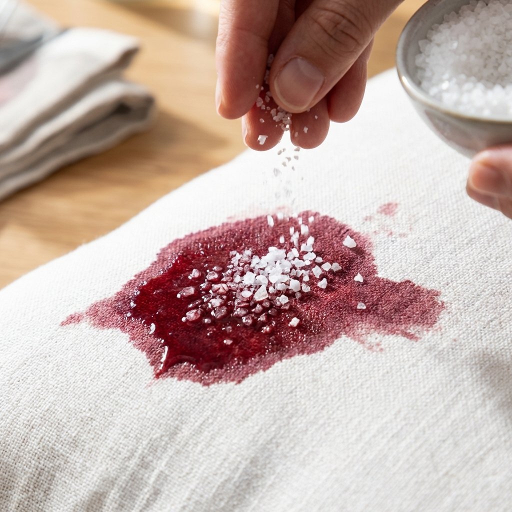 A close-up shot of a dark red wine stain freshly spilled on a light-colored fabric, possibly a white tablecloth or sofa cushion. A hand is gently sprinkling a generous amount of coarse white salt directly over the wet stain. The background is slightly blurred to keep focus on the action and the stain. The style is professional, clean, and realistic photographic, emphasizing texture and detail. Bright, natural lighting highlights the contrast between the deep red wine, the white fabric, and the sparkling salt crystals, illustrating the immediate steps for stain removal.