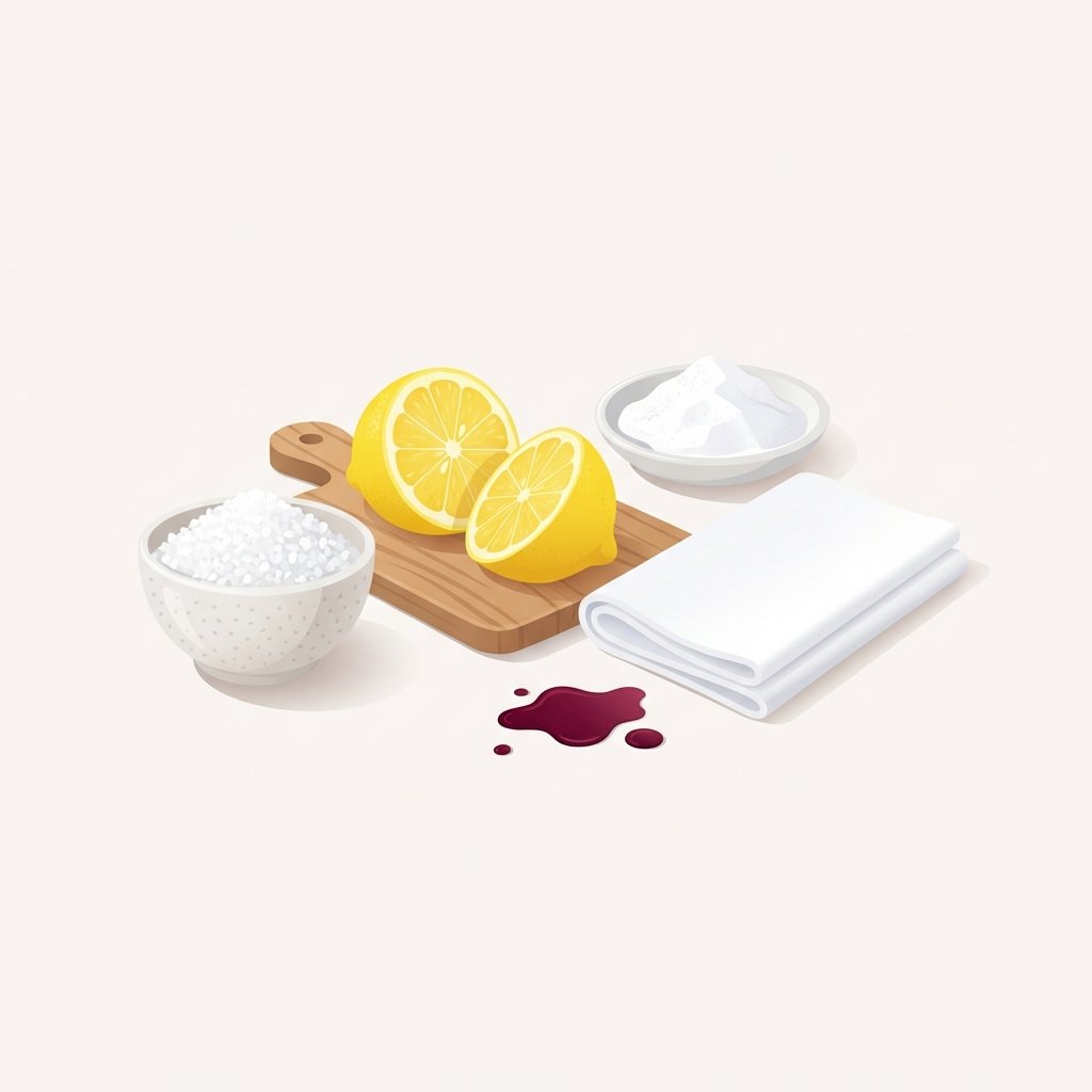 A collection of various common household items associated with stain removal, arranged neatly on a clean, light surface. The items include a bowl filled with coarse white salt, a fresh lemon cut in half, a small dish containing baking soda, and a folded clean white cloth. A small, subtle splash or drip of deep red wine is visible on the surface near these items, symbolizing the problem they address. The style is a clean, minimalistic flat illustration or vector art, utilizing a bright and fresh color palette with soft shadows for depth. The composition is tidy and visually appealing, perfect for a blog article.