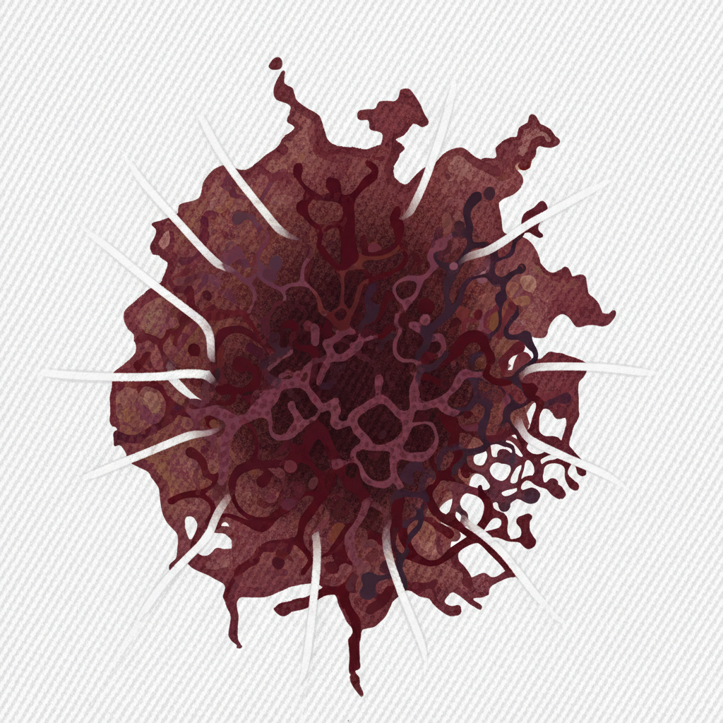 A close-up, slightly magnified detailed flat illustration of a white fabric (e.g., cotton shirt) with a prominent, dark, dried red wine stain. The edges of the stain appear crusty and deeply embedded. Artistic, abstract representations of red wine pigments and tannins are visually depicted as intertwined and 'locked' within the individual fabric fibers at a microscopic level, illustrating their stubborn adherence. The fibers around the stain might show a subtle visual stress or tightness, emphasizing the difficulty of removal. The overall aesthetic should be clean, professional, and visually convey the concept of a deeply set, hard-to-remove stain, using realistic color tones.