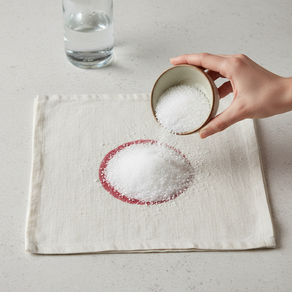 A bright, professional top-down photo showing a practical demonstration of removing a dried red wine stain. A clean, light-colored fabric with a visible, dried red wine stain is laid flat on a neutral surface. A hand is gently pouring or sprinkling a generous, thick layer of white salt directly onto the stain, completely covering it. In the background or slightly out of focus, a bottle of mineral water is visible, with perhaps a few water droplets indicating its next use. The scene should convey a sense of a clear, actionable solution, with realistic textures and lighting, emphasizing the home remedy process.