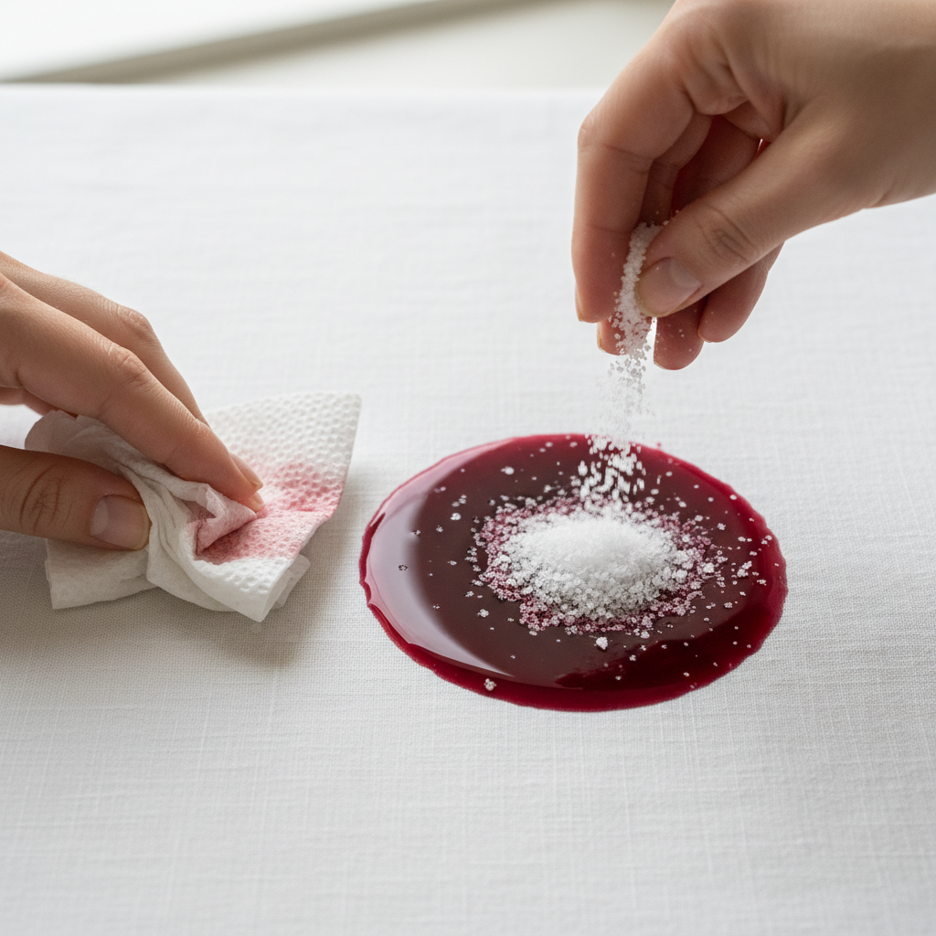A vibrant, professional close-up photo of a fresh red wine stain on a pristine white fabric, like a shirt or tablecloth. A person's hand, entering from the left, is gently dabbing the wet red wine stain with a clean, white paper towel, carefully absorbing some of the liquid without spreading it. Simultaneously, another hand, entering from the top-right, is sprinkling a generous, coarse layer of white salt directly over the remaining wet stain. The focus is on the contrast of the deep red wine against the white fabric and the two immediate actions in progress, conveying urgency and a practical solution under bright, natural lighting.