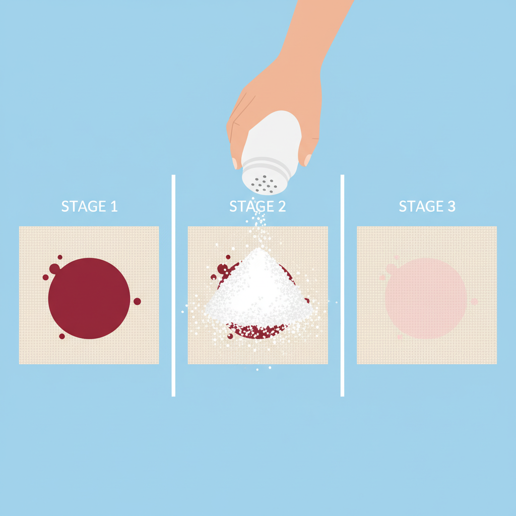A clean, modern flat illustration showing a sequential process of removing a fresh red wine stain using salt. The illustration features three distinct, clearly separated stages. The first stage depicts a small, vibrant red wine stain on a light-colored fabric swatch. The second stage shows a hand generously pouring a thick, even layer of white salt over the entire red wine stain, completely covering it. The third stage illustrates the salt having absorbed the red liquid, with the stain visibly lighter or almost gone beneath the salt layer, implying the absorption process. The background is simple, clean, and utilizes a bright, reassuring color palette.