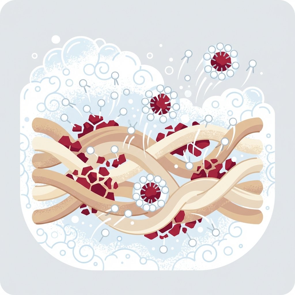 An infographic-style illustration depicting the microscopic action of shaving foam on a red wine stain. Show a simplified cross-section of intertwined fabric fibers. Within these fibers, illustrate dark red, irregular shapes representing wine pigment molecules. Superimposed, numerous small, spherical white 'tenside' molecules with tiny 'arms' or 'tails' are actively surrounding and encapsulating the red pigment molecules, lifting them away from the fabric strands. A subtle, frothy white texture should represent the overall shaving foam matrix. Style: Modern, clean flat illustration with a scientific yet approachable aesthetic.