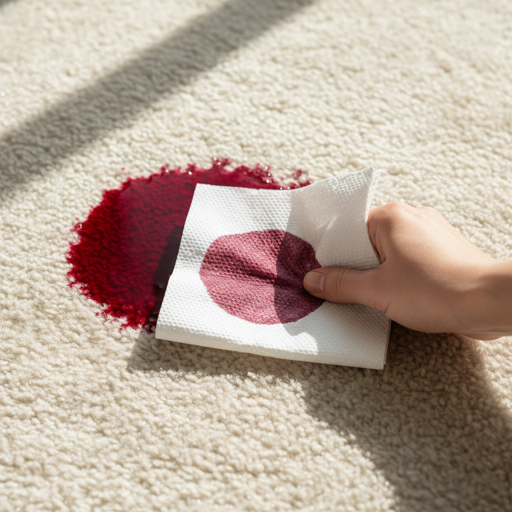 A close-up, professional photograph capturing the immediate action of treating a fresh red wine stain. The image features a vibrant red wine spill on a pristine, light-colored fabric surface, like a white tablecloth or beige carpet. A clean hand, visible in the foreground, gently dabs the wet stain with a soft, absorbent white cloth or kitchen paper. The focus is on the cloth absorbing the red liquid, demonstrating the initial step of soaking up excess wine without rubbing. The lighting is bright and natural, highlighting the contrast between the red wine, the fabric, and the cleaning tool.