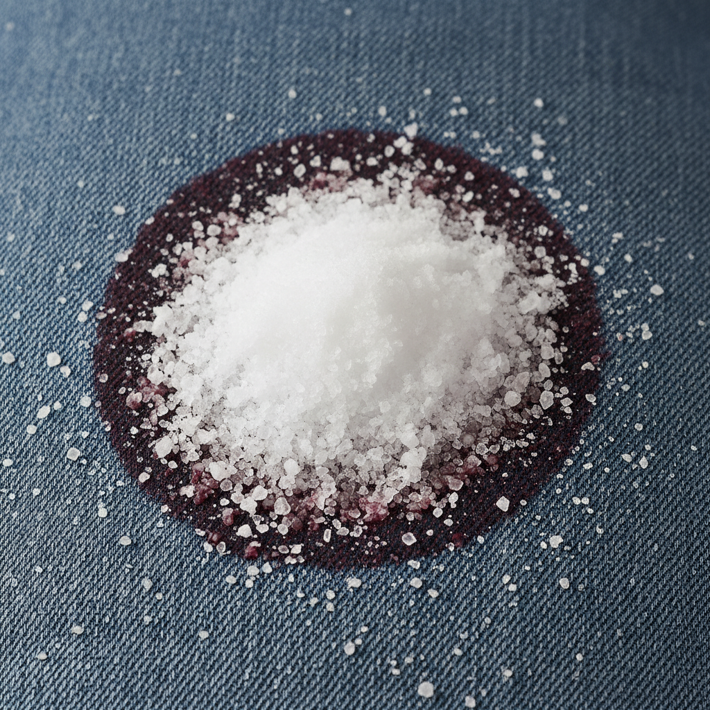 A detailed, photorealistic illustration or close-up studio photograph showcasing a common household remedy for red wine stains. The image presents a distinct red wine stain on a woven textile, such as a denim pant leg or a sturdy upholstered cushion. The stain is visibly but partially covered with a generous layer of white table salt, which appears to be actively working to absorb the liquid. Tiny salt crystals cling to the fabric fibers, and a subtle visual effect could hint at moisture being drawn upwards into the salt. The composition is clean and focused, emphasizing the texture of both the fabric and the salt.