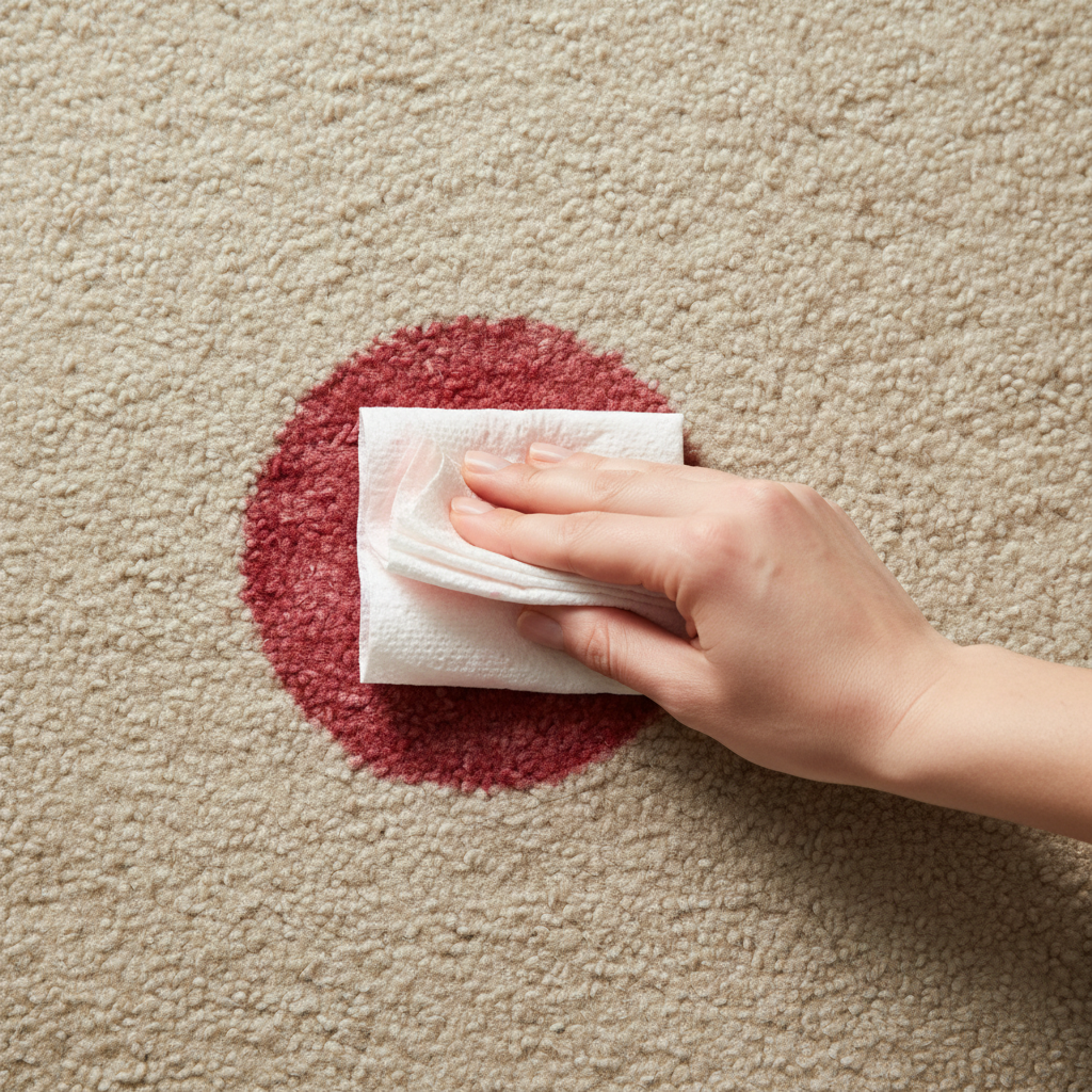 A close-up, top-down view of a hand carefully dabbing a fresh red wine stain on a light-colored, textured carpet. The hand holds a clean, white, absorbent cloth or paper towel, pressing gently onto the circular red stain. The action should clearly convey dabbing from the outer edge inwards, preventing spread. The carpet fibers are visible, slightly damp from the wine. The overall style should be a professional, realistic photo with soft, natural lighting, highlighting the crucial first step of stain removal.