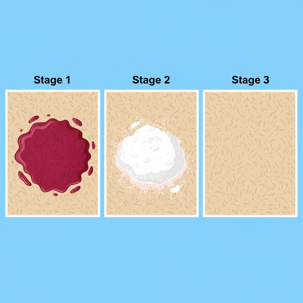 An illustrative sequence showing the salt method for removing a red wine stain on a carpet. The image is divided into three clear stages within a single composition. Stage 1: A prominent red wine stain on a beige carpet. Stage 2: A generous, thick layer of white table salt completely covering the red wine stain, appearing to draw out the liquid. Stage 3: The same area, now clean, with the stain completely gone or significantly faded, showing the effectiveness of the method. This should be a clean, detailed flat illustration with a bright, friendly color palette, emphasizing the transformation.