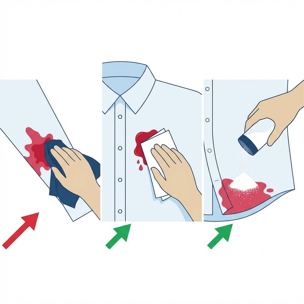 A pristine white dress shirt with a fresh, vibrant red wine stain on it. The image depicts a clear contrast between an incorrect action (a hand vigorously rubbing the stain with a dark cloth, making it spread) and correct immediate actions. On one side, show a hand gently dabbing the stain with a clean white paper towel, absorbing the liquid. On the other, illustrate a hand sprinkling a generous amount of white powder (salt or talc) directly onto the wet stain. The overall style is a clean, modern flat illustration with a focus on clear steps and visual separation, using a minimalist color palette with prominent red for the stain.